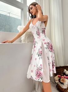 印花蕾絲拼接吊帶睡裙 - 白色 - 查看 1