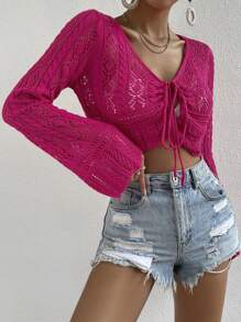 SHEIN Privé 網眼針織荷葉袖短款開衫 - 玫紅色 - 查看 4