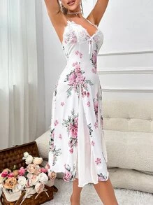 印花蕾絲拼接吊帶睡裙 - 白色 - 查看 4