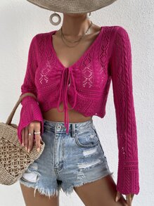 SHEIN Privé 網眼針織荷葉袖短款開衫 - 玫紅色 - 查看 6