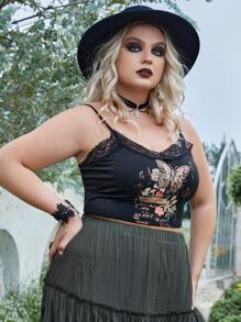 ROMWE Goth Áo hai dây Plus Size Tương phản ren Hoa Loại bướm Giải trí - màu đen - Xem 5