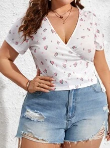 Dreamara Plus Ditsy Floral Print Knot Side Wrap Top - Multicolor - View 6