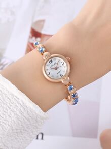 1pc Women Rose Gold Alloy Strap Glamorous Heart & Rhinestone Decor Round Dial Quartz Watch, For Daily Life - Blue - View 1