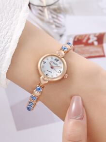 1pc Women Rose Gold Alloy Strap Glamorous Heart & Rhinestone Decor Round Dial Quartz Watch, For Daily Life - Blue - View 2
