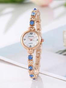 1pc Women Rose Gold Alloy Strap Glamorous Heart & Rhinestone Decor Round Dial Quartz Watch, For Daily Life - Blue - View 3