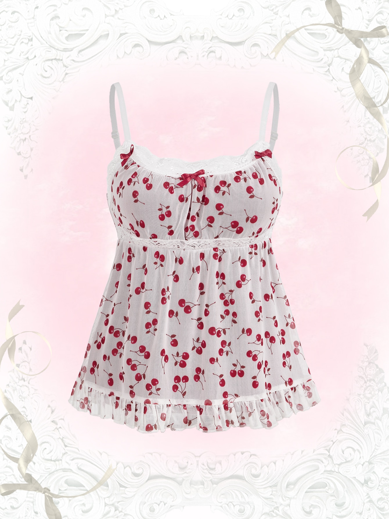 Our Kawaii Plus Size Summer Cherry Mesh Cherry Print Contrast Lace