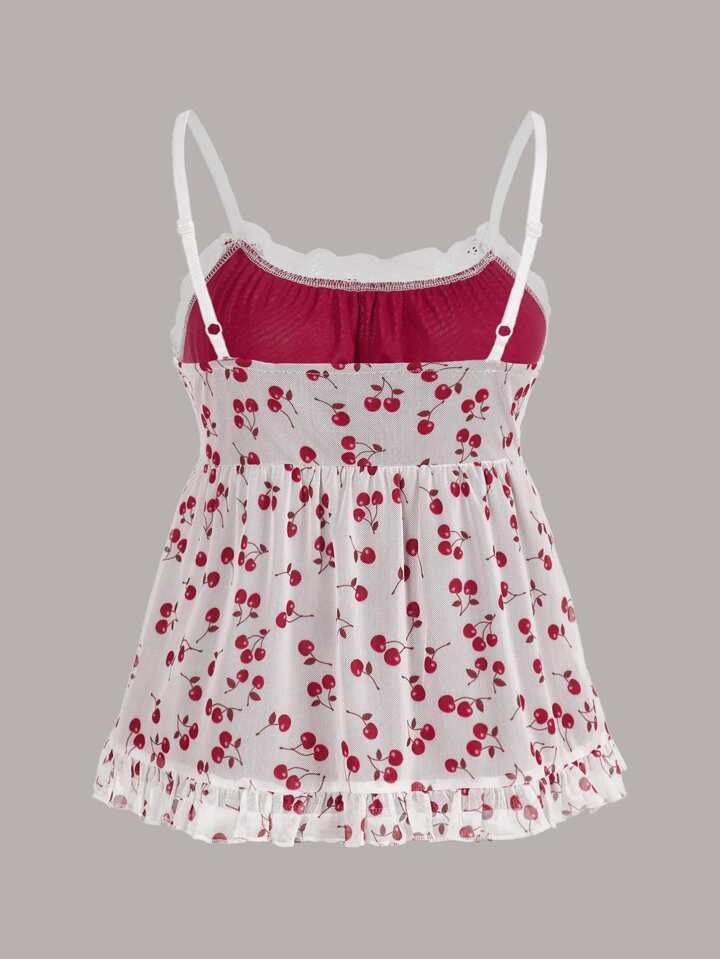 Our Kawaii Plus Size Summer Cherry Mesh Cherry Print Contrast Lace