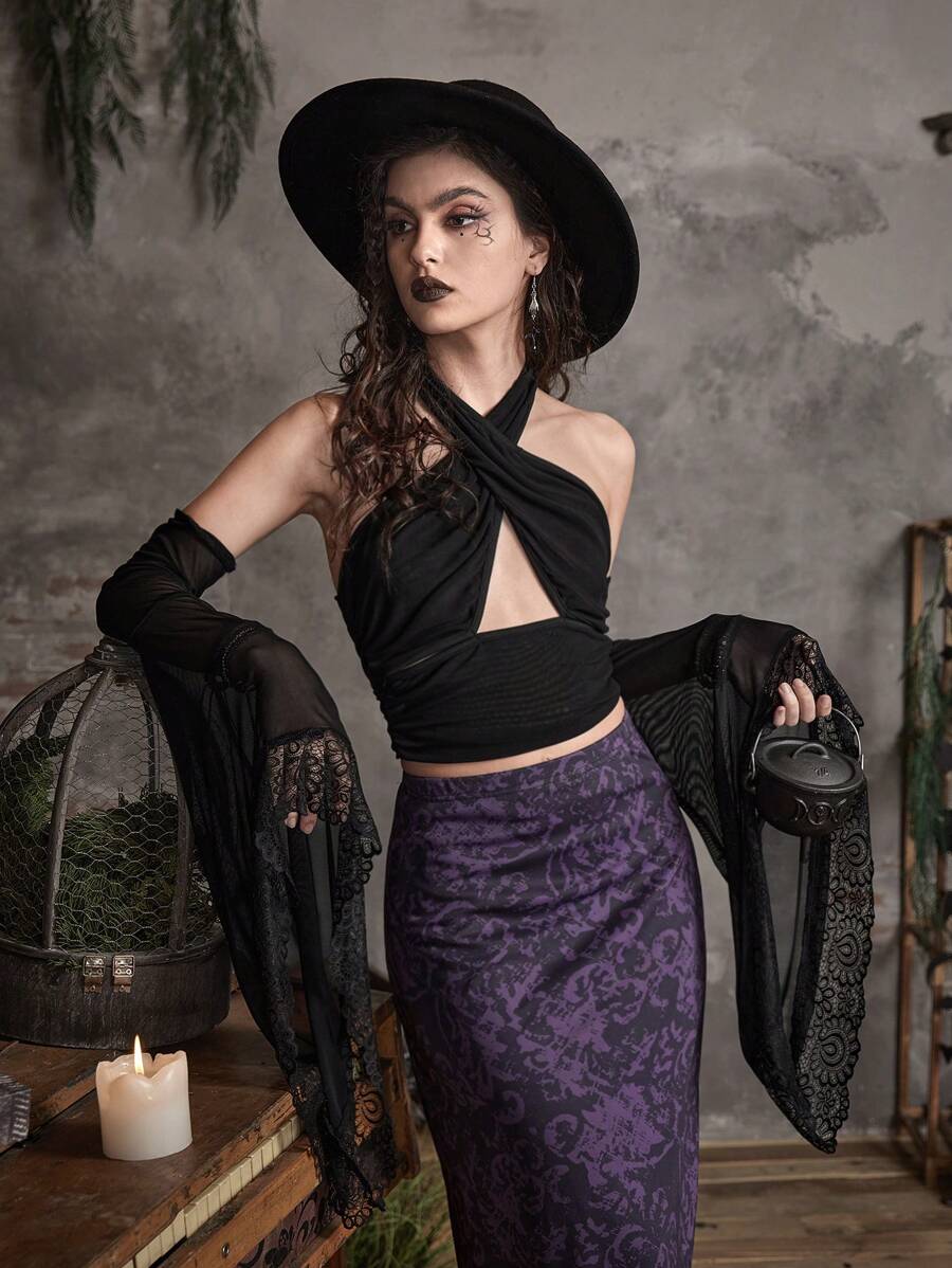 ROMWE Goth Áo nữ Lộ Lưng Hội Chữ thập Cắt ra màu trơn Gợi cảm - màu đen - Xem 1