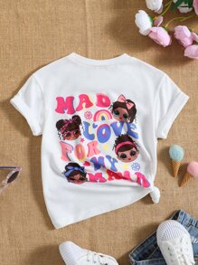 SHEIN Áo thun in khẩu hiệu hoạt hình màu trắng cho cô gái trẻ cho mùa hè, cổ tròn tay ngắn thông thường - trắng - Xem 1