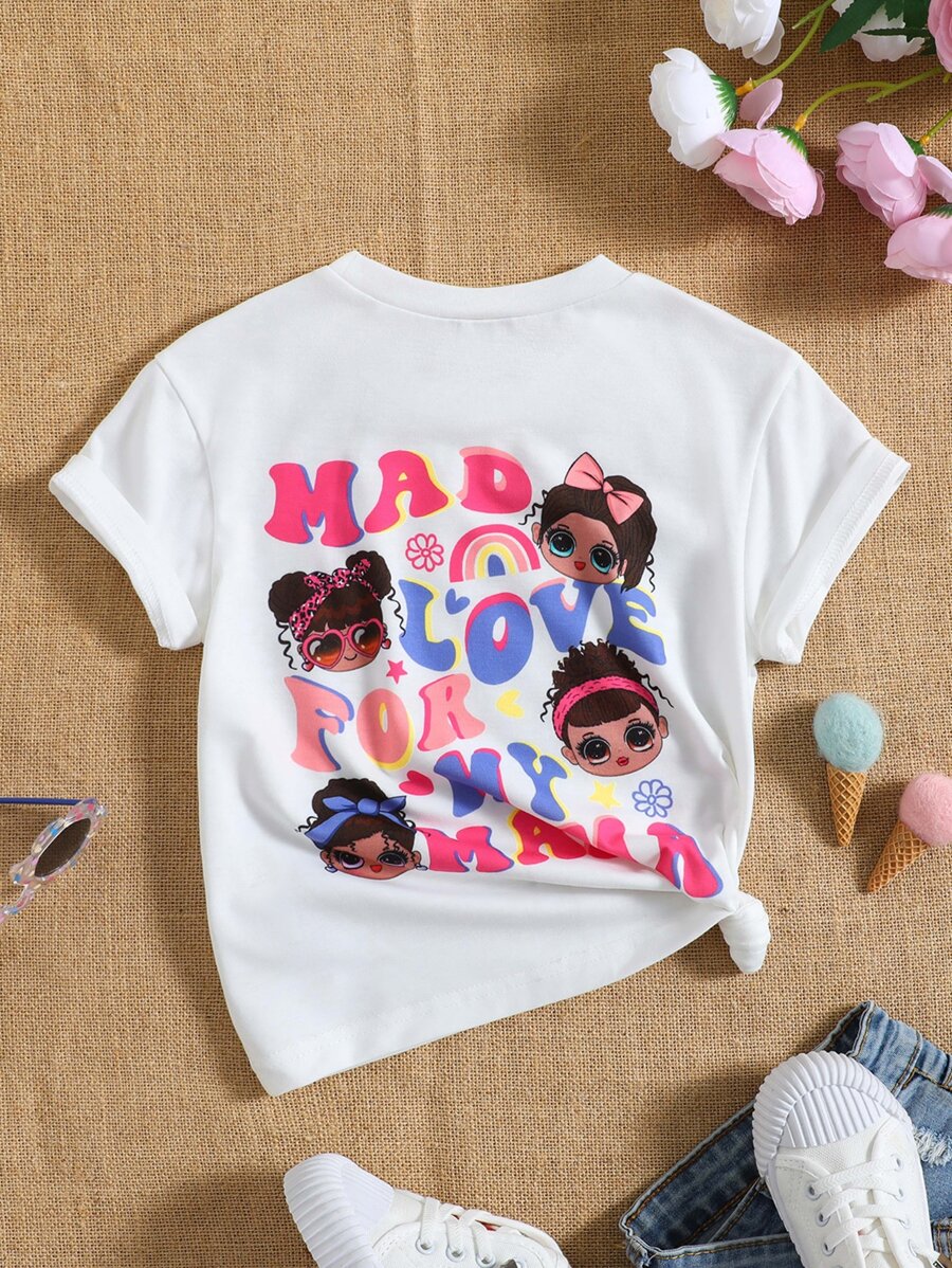 SHEIN Áo thun in khẩu hiệu hoạt hình màu trắng cho cô gái trẻ cho mùa hè, cổ tròn tay ngắn thông thường - trắng - Xem 1