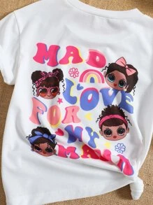 SHEIN Áo thun in khẩu hiệu hoạt hình màu trắng cho cô gái trẻ cho mùa hè, cổ tròn tay ngắn thông thường - trắng - Xem 3