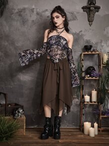 ROMWE Goth Solid Belted Asymmetrical Hem Skirt - Chocolate Brown - View 5