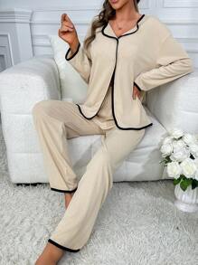 Contrast Binding Drop Shoulder Lounge Set - Apricot - View 1