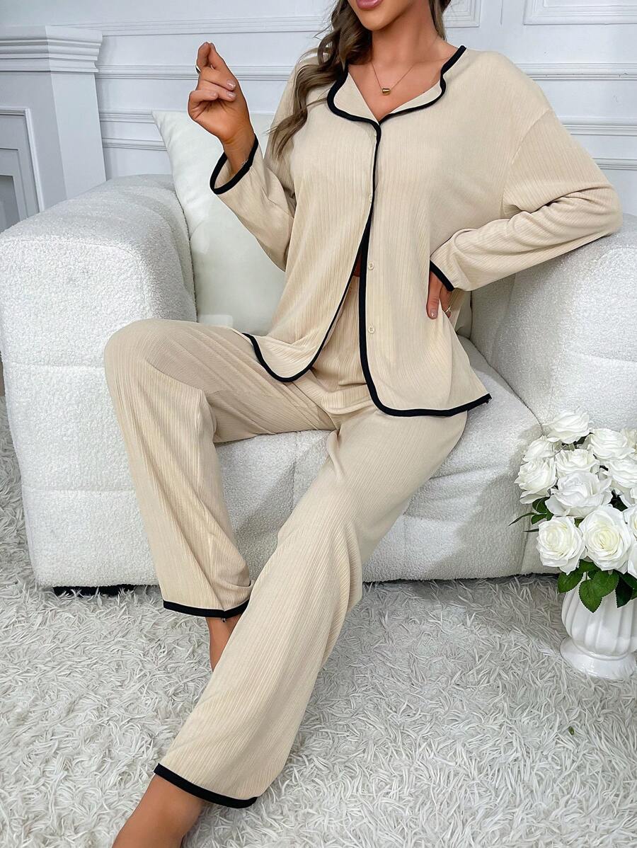 Contrast Binding Drop Shoulder Lounge Set - Apricot - View 1