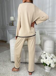 Contrast Binding Drop Shoulder Lounge Set - Apricot - View 2