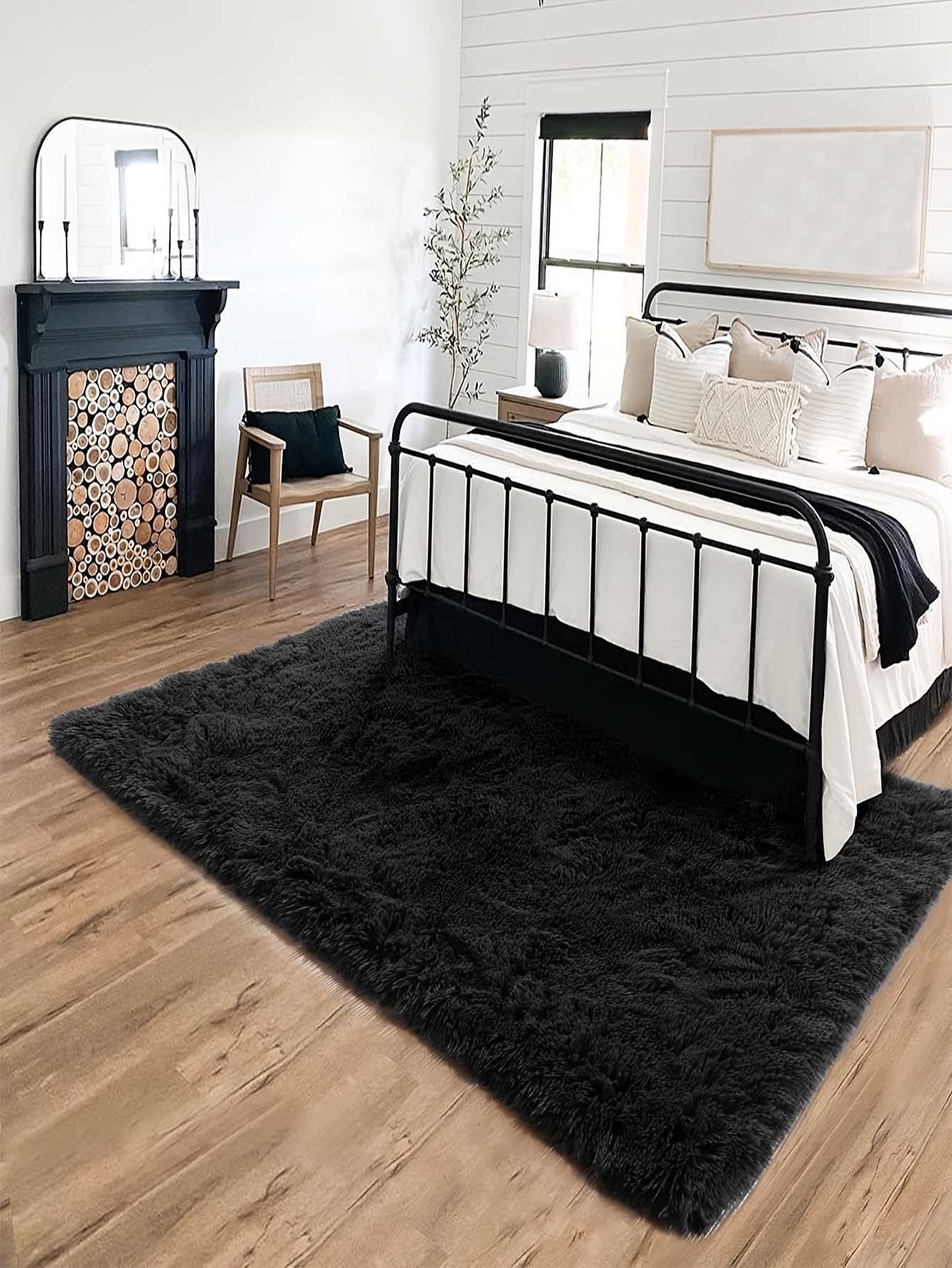 1pc Long Plush Living Room Carpet Soft Fluffy Bedroom Area Rug, Non-slip Carpet, Home Decoration, Suitable For Living Room And Bedroom - Black - View 1