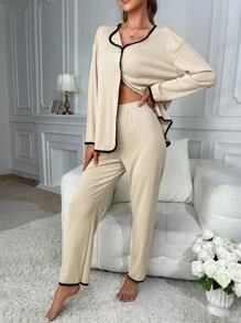 Contrast Binding Drop Shoulder Lounge Set - Apricot - View 5