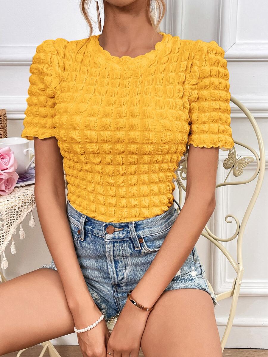 SHEIN Essnce 素色木耳邊T恤 - 黃色 - 查看 1