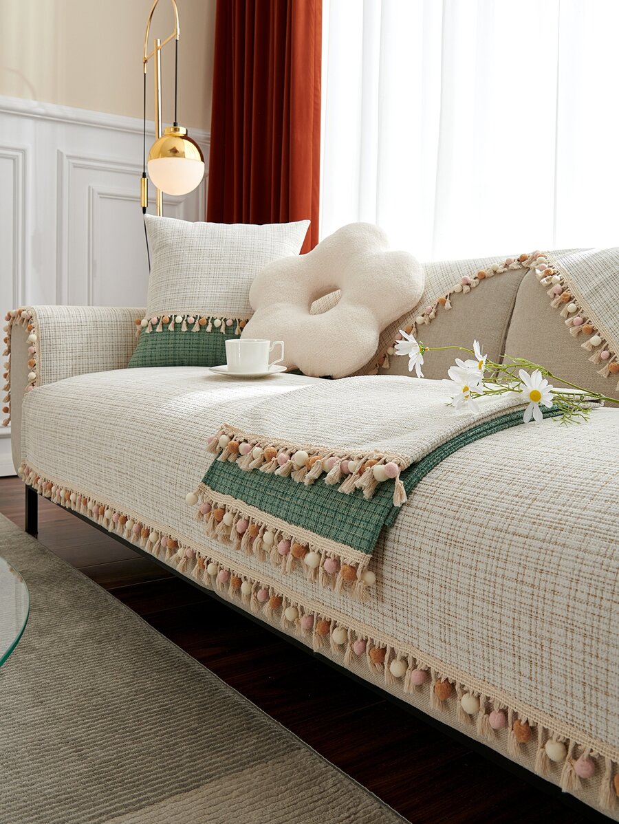 1入組絨球和流蘇裝飾沙發巾客廳現代滌綸沙發套毯 - 米色 - 查看 1