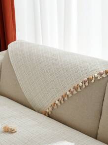 1入組絨球和流蘇裝飾沙發巾客廳現代滌綸沙發套毯 - 米色 - 查看 2