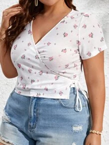 Dreamara Plus Ditsy Floral Print Knot Side Wrap Top - Multicolor - View 1