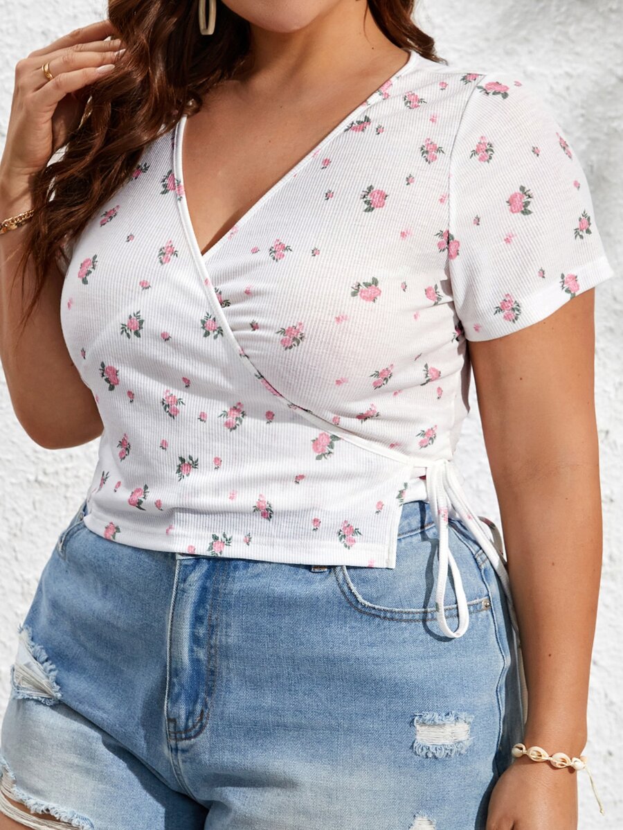 Dreamara Plus Ditsy Floral Print Knot Side Wrap Top - Multicolor - View 1