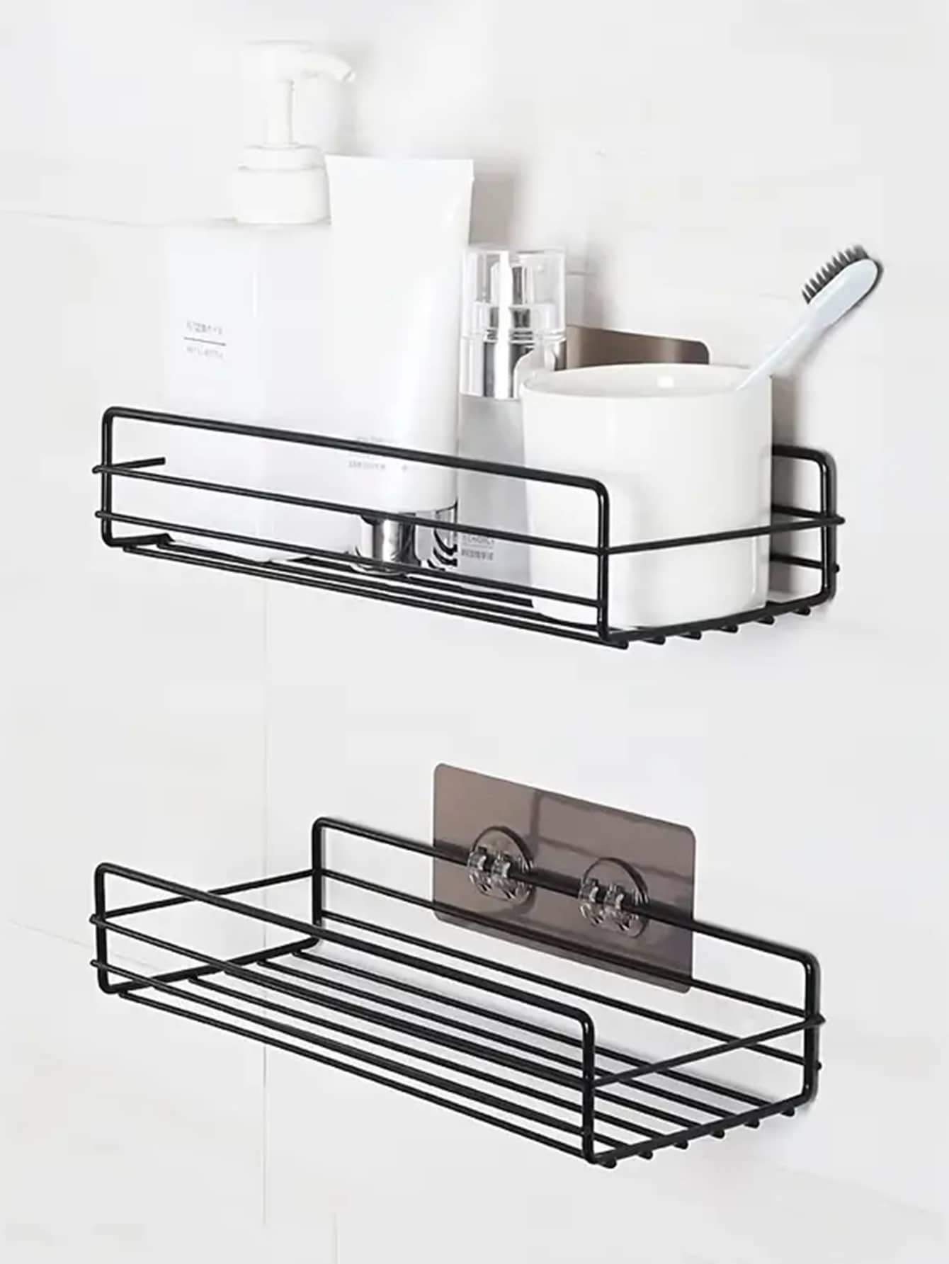 1pc Iron Bathroom Storage Rack, Minimalist Black Punch-free Multifunction Shelving Storage Unit For Bathroom Laundry - Black - View 1