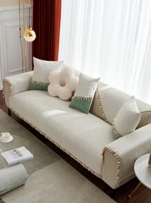 1入組絨球和流蘇裝飾沙發巾客廳現代滌綸沙發套毯 - 米色 - 查看 5