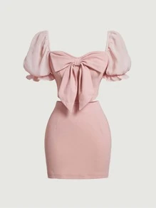 SHEIN MOD 前蝴蝶結蓮藕袖短款上衣和包臀半身裙 - 藕粉色 - 查看 1