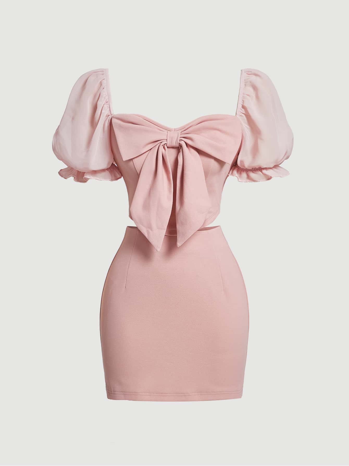 SHEIN MOD 前蝴蝶結蓮藕袖短款上衣和包臀半身裙 - 藕粉色 - 查看 1