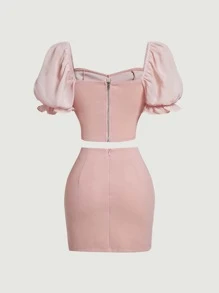 SHEIN MOD 前蝴蝶結蓮藕袖短款上衣和包臀半身裙 - 藕粉色 - 查看 2