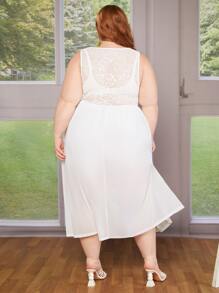 SHEIN CURVE+ Plus Contrast Lace Button Front Dress - White - View 2