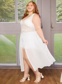 SHEIN CURVE+ Plus Contrast Lace Button Front Dress - White - View 3