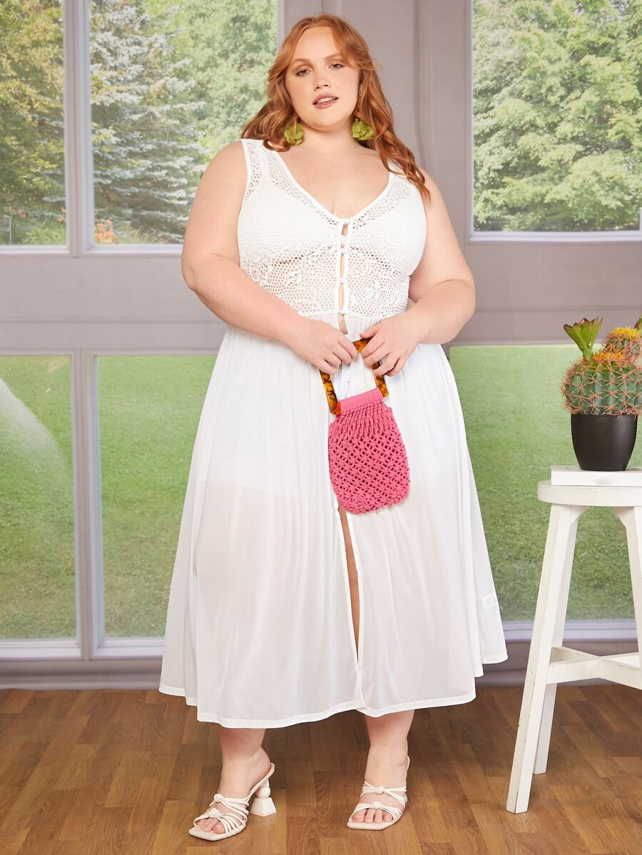 SHEIN CURVE+ Plus Contrast Lace Button Front Dress - White - View 1