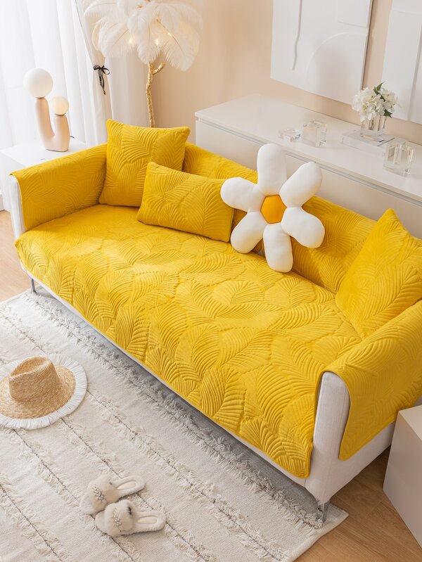 1pc Plain Leaf Embroidered Sofa Towel, Minimalist Polyester Sofa Cover Blanket For Living Room