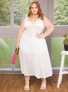 SHEIN CURVE+ Plus Contrast Lace Button Front Dress - White - View 7