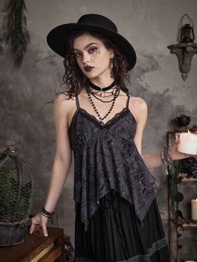 صدرية كامي طباعة الأزهار دانتيل متباين اللون حافة غير متماثل