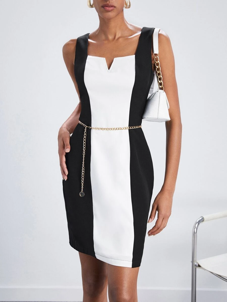 Maija 雙色缺口領連衣裙附腰帶 - 黑與白 - 查看 1