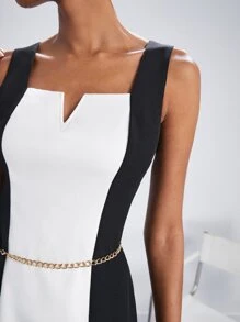 Maija 雙色缺口領連衣裙附腰帶 - 黑與白 - 查看 5