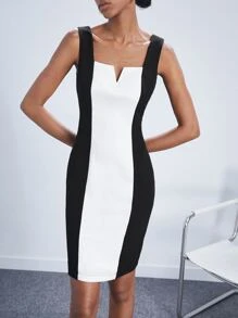 Maija 雙色缺口領連衣裙附腰帶 - 黑與白 - 查看 8