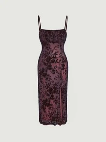 SHEIN MOD 印花胸部褶皺高衩吊帶洋裝 - 粉色 - 查看 1