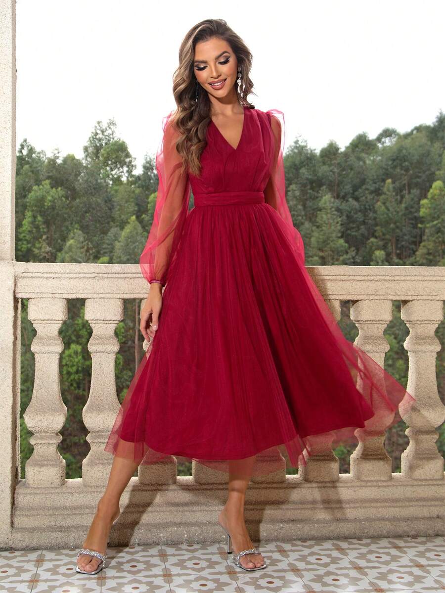 Joyfunear Lantern Sleeve Mesh Overlay Dress - Burgundy - View 1