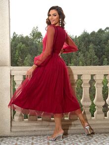 Joyfunear Lantern Sleeve Mesh Overlay Dress - Burgundy - View 2