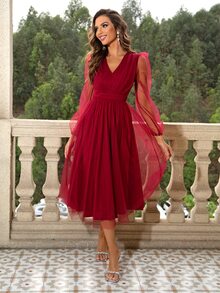 Joyfunear Lantern Sleeve Mesh Overlay Dress - Burgundy - View 3