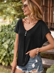 SHEIN LUNE Camiseta de manga murciélago con diseño de botón - Negro - Ver 3