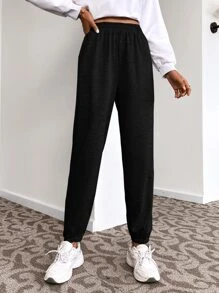 SHEIN EZwear Quần thể thao nữ màu trơn - màu đen - Xem 1