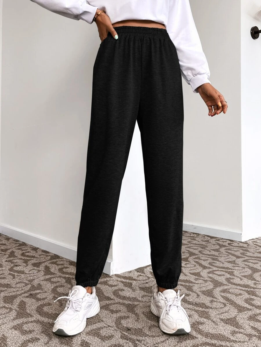 SHEIN EZwear Quần thể thao nữ màu trơn - màu đen - Xem 1