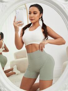 Yoga Basic Quần Shorts Thể thao Nữ màu trơn - Màu xanh Bạc hà - Xem 5