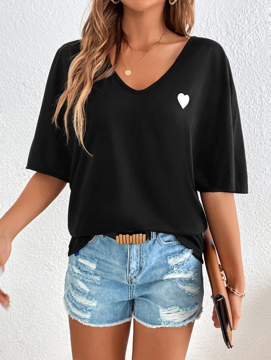 SHEIN Frenchy Áo thun nữ Thêu Tim Giải trí - màu đen - Xem 1