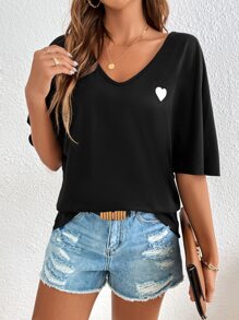SHEIN Frenchy Áo thun nữ Thêu Tim Giải trí - màu đen - Xem 5